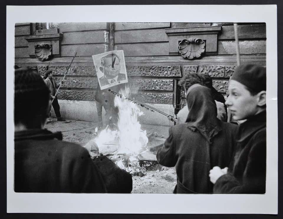 Rolf Gillhausen Hungary Uprising In Back A Fire With A Poster Of Istvan Dobi, 1956. 1956