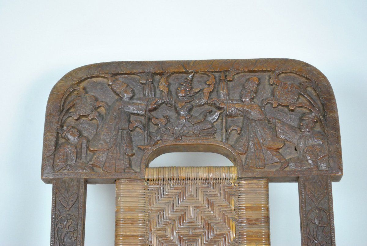 Folding Chair In Carved Exotic Wood And Cannage, Asia, Late 19th / Early 20th Century photo for sale