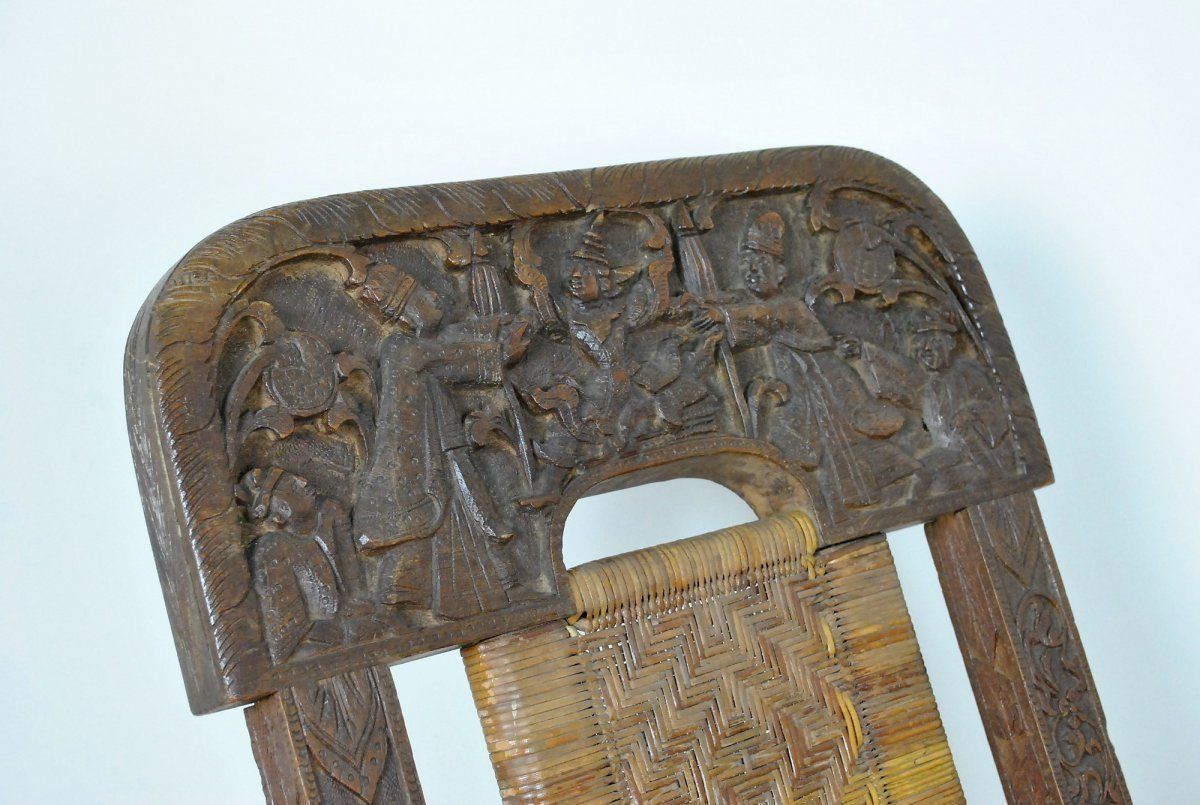 Folding Chair In Carved Exotic Wood And Cannage, Asia, Late 19th / Early 20th Century photo buy