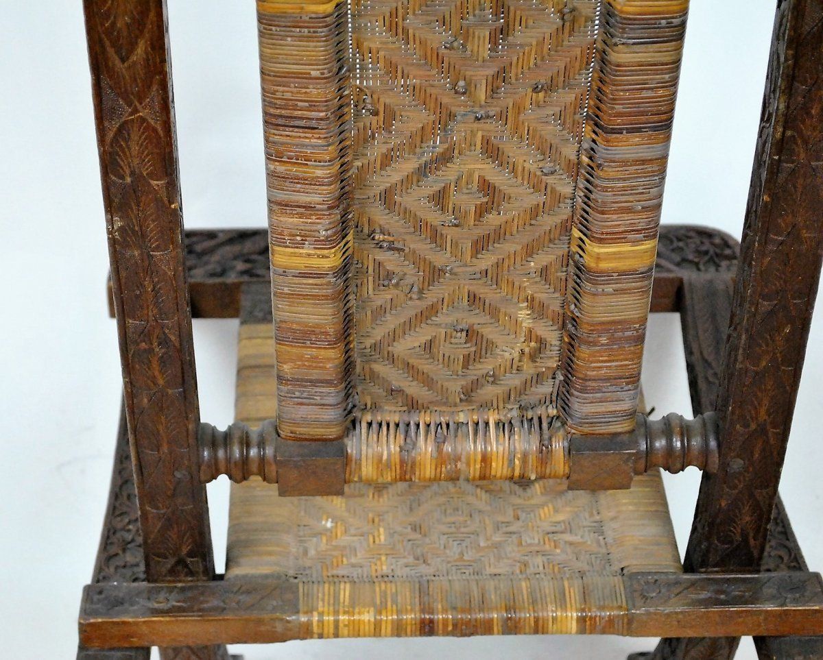Folding Chair In Exotic Wood Carved And Cannage, Asia, Late 19th / Early 20th Century photo buy