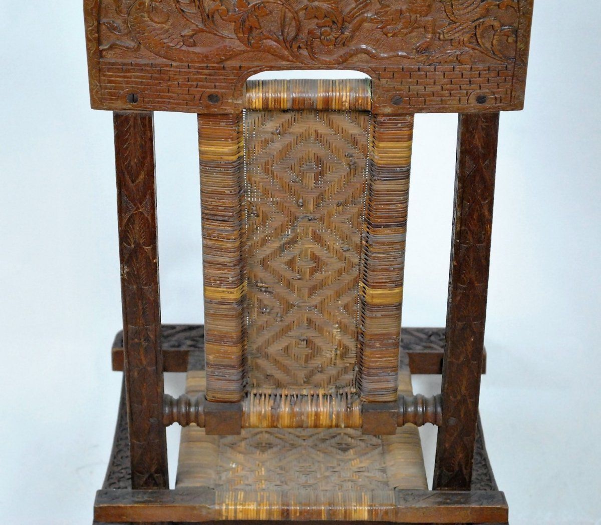 Furniture Folding Chair In Exotic Wood Carved And Cannage, Asia, Late 19th / Early 20th Century photo