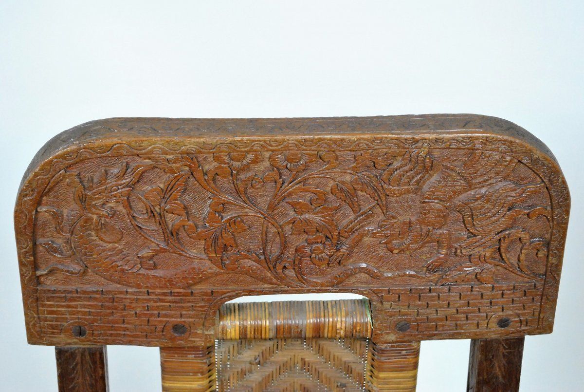 575.0 Folding Chair In Exotic Wood Carved And Cannage, Asia, Late 19th / Early 20th Century photo