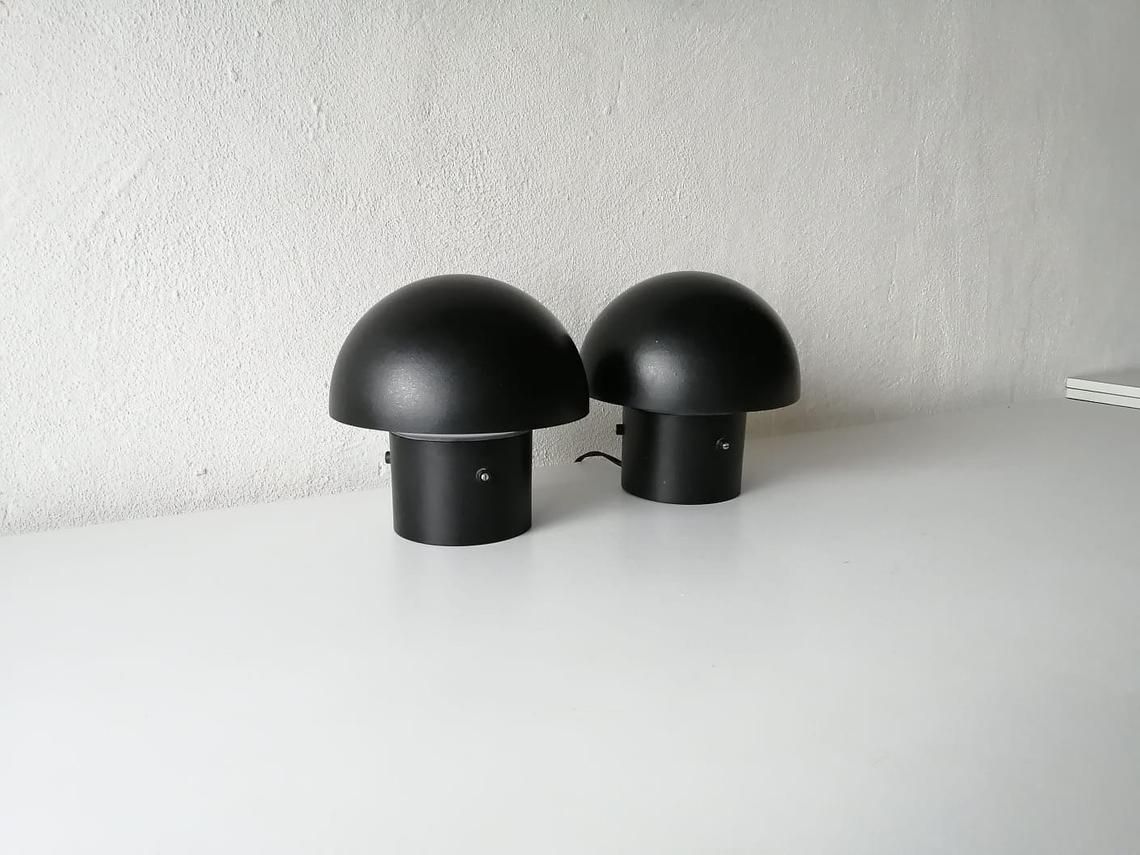 Bega 2659 Black Metal & Glass Wonderful Mushroom Design Pair Of Ceiling Lamps Or Sconces   1960s Germany photo vinterior