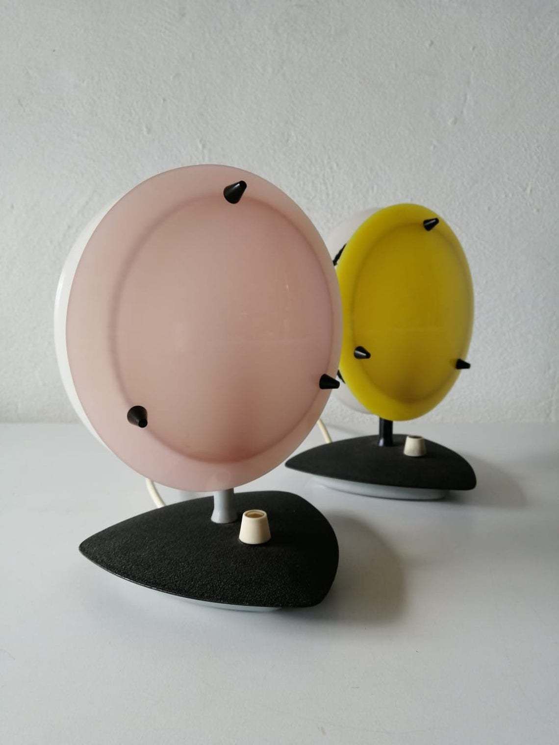 Beautiful Pink/Yellow And White Plexiglass Italian Pair Of Table Lamps, 1950s Italy photo furniture