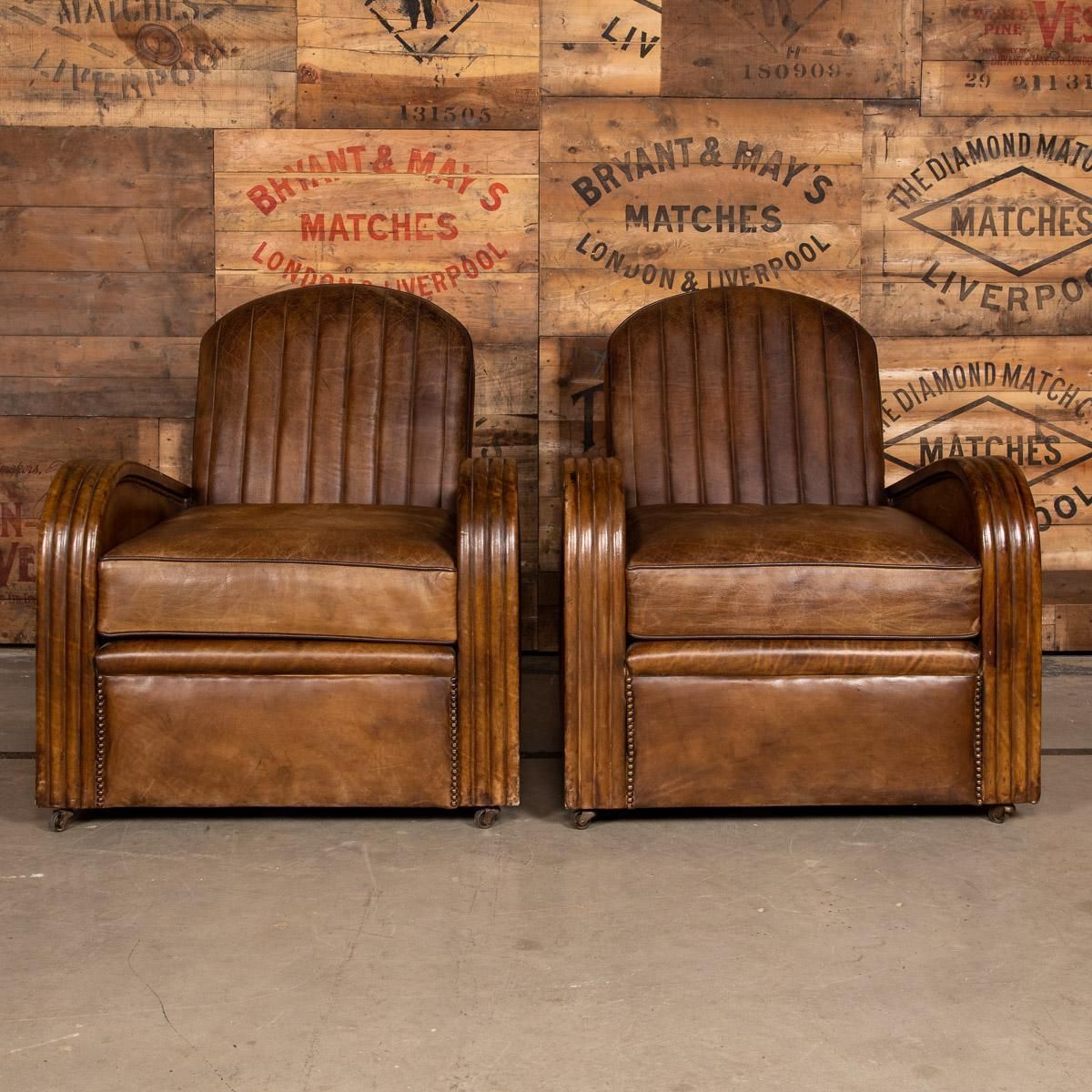 20th Century Art Deco Pair Of Leather Tub Chairs And Sofa, Circa 1920 photo vinterior