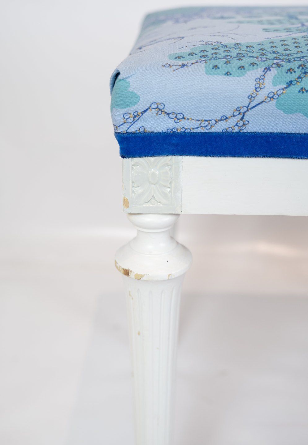 A Set Of 2 Antique Stools With White Painted Wood And Upholstered With Blue Fabric From The 1920s. photo furniture