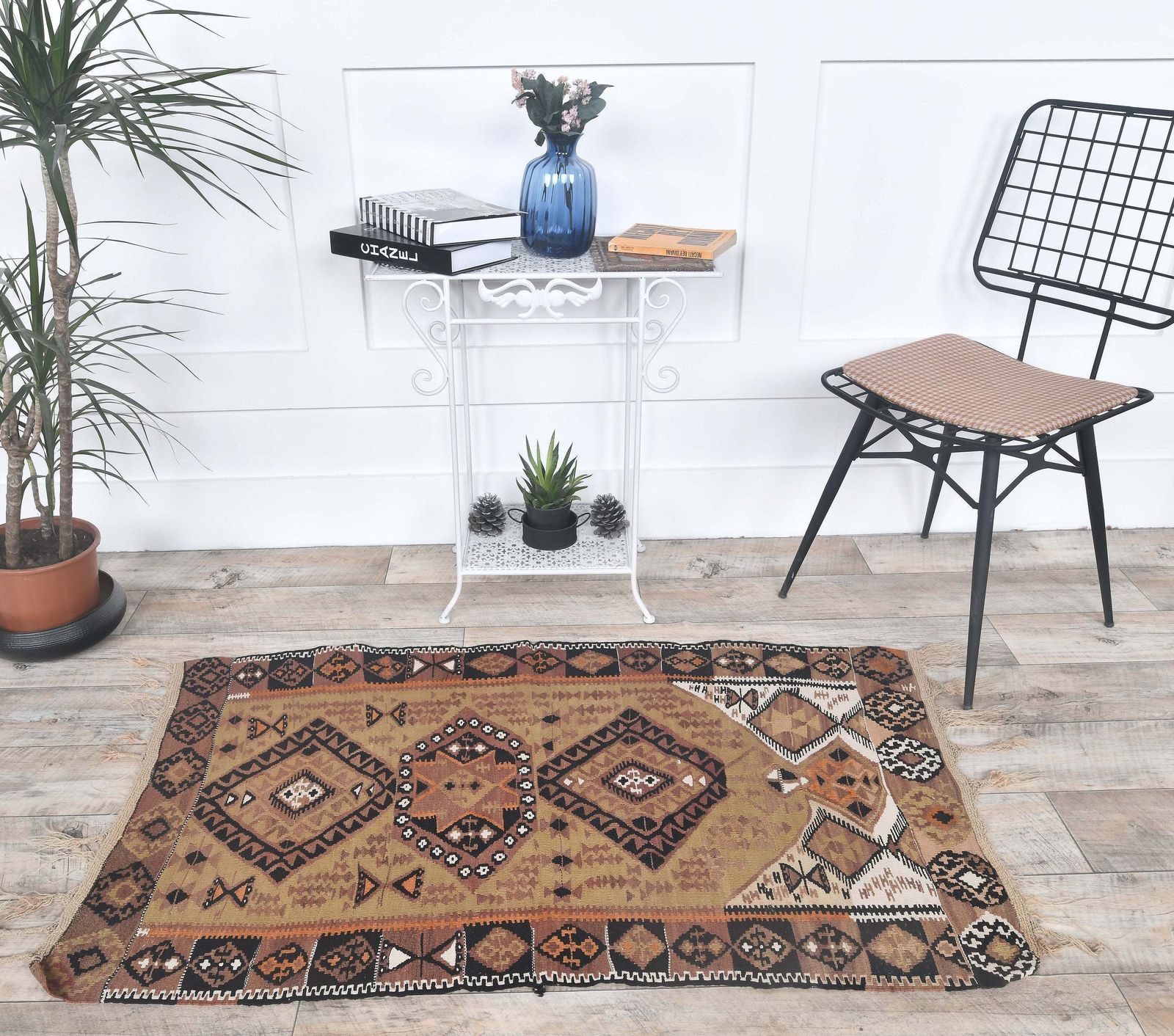 Turkish Oushak Rug, Door Mat Small Carpet, Handmade Wool Flatweave Orange Mini, Made In Anatolia photo for sale
