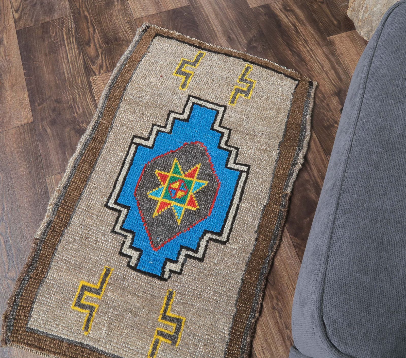 Turkish Oushak Rug, Door Mat Small Carpet, Handmade Wool Brown Ethnic Mini, Made In Anatolia photo for sale