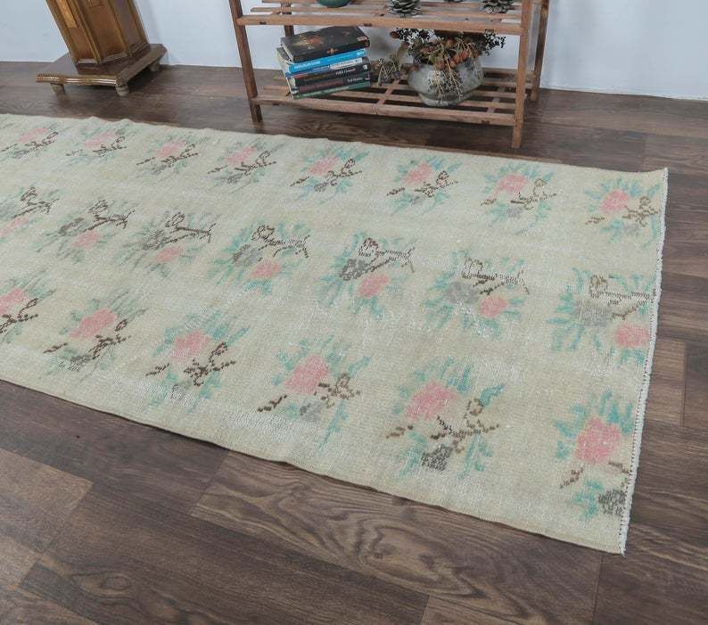 3x9 Vintage Turkish Runner, Oushak Handmade Wool Rug, Light Green Floral Hallway Rugs, Anatolia Farmhouse Decor One Of A Kind, Ethnic photo Textiles