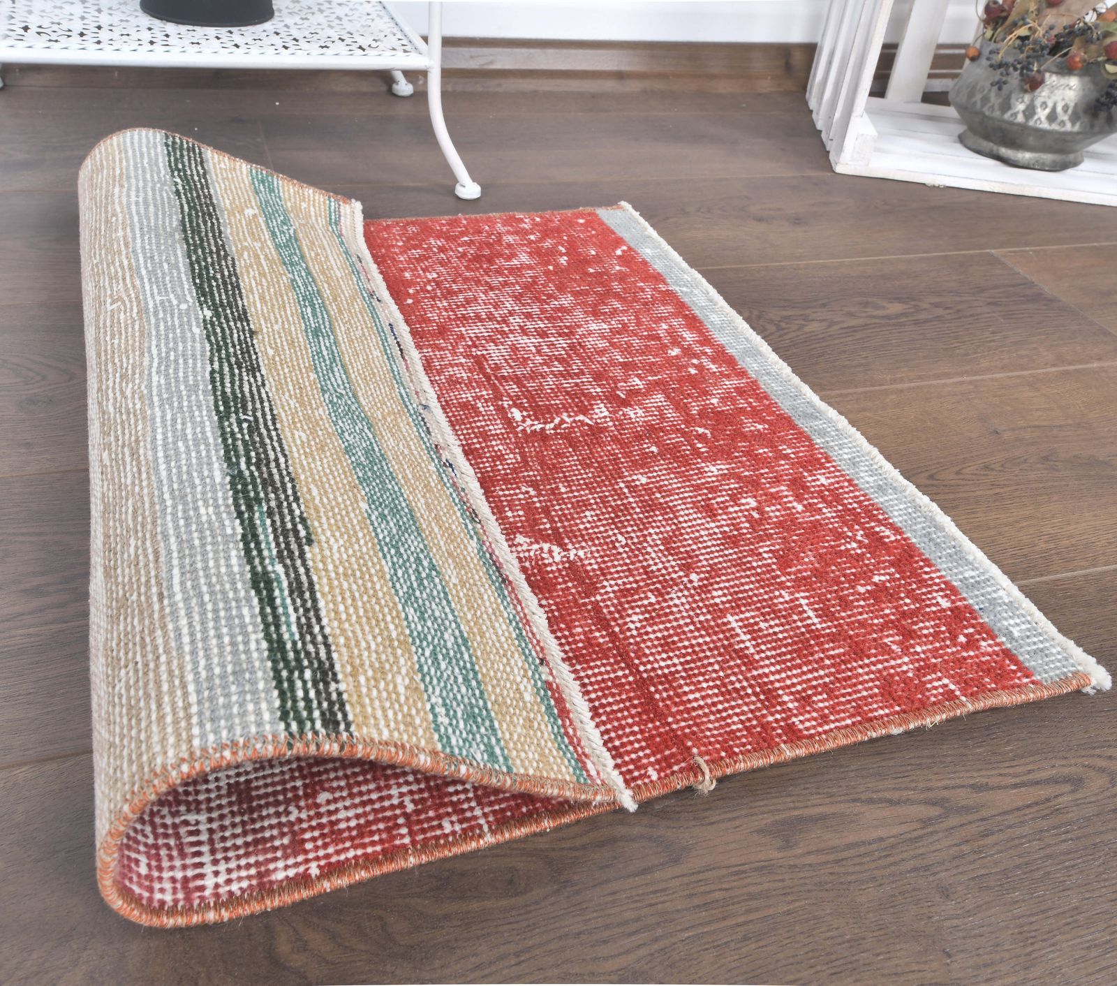 Turkish Vintage Oushak Rug, Square Door Mat, Handmade Wool, Red Modern, Pet Dog Cat Mat photo buy