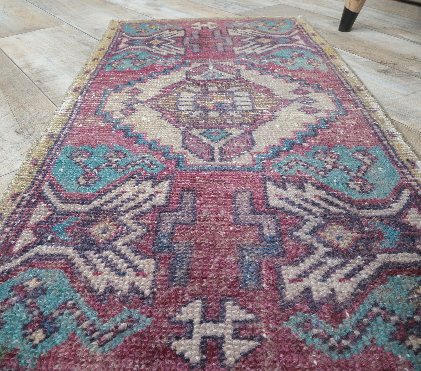 Turkish Oushak Rug, Door Mat Small Carpet, Handmade Wool Oriental, Purple Mini, Made In Anatolia photo 106.0