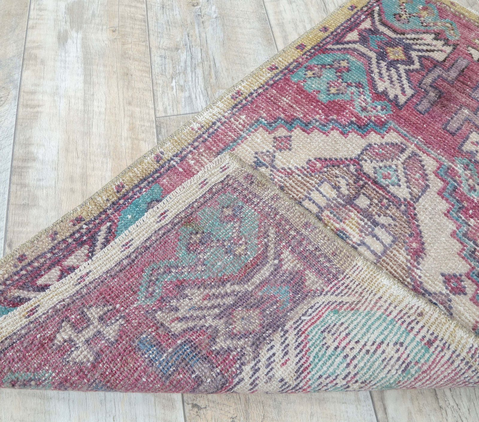 Turkish Oushak Rug, Door Mat Small Carpet, Handmade Wool Oriental, Purple Mini, Made In Anatolia photo vinterior
