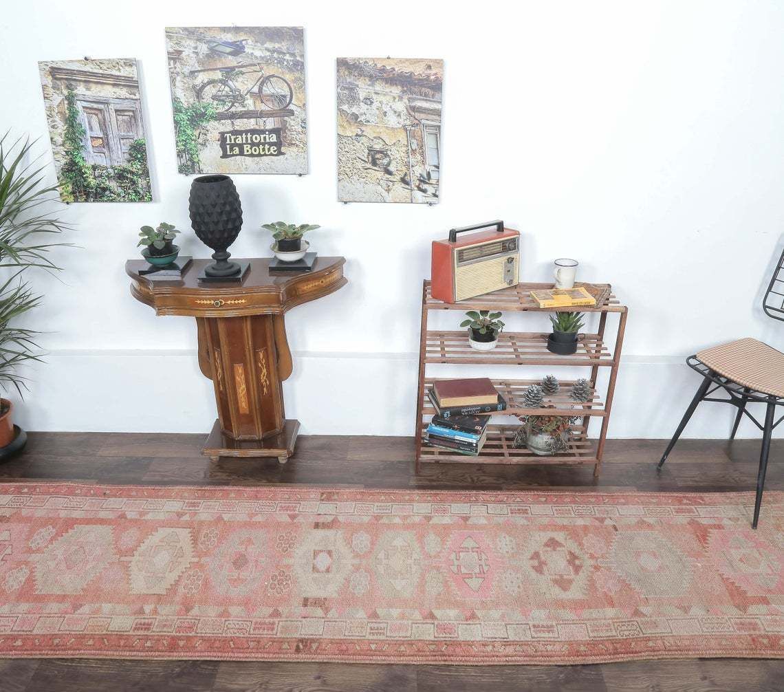 3x11 Oushak Handmade Wool Rug, Turkish Vintage Rugs, Pinkish Red Hallway Runner, Farmhouse Decor, One Of A Kind, Oriental, Anatolian photo for sale