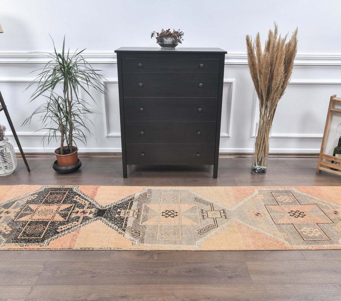 3x11 Vintage Turkish Runner, Oushak Handmade Wool Rug, Oriental Hallway Rugs, Rustic Farmhouse Decor, One Of A Kind, Made In Anatolia photo furniture