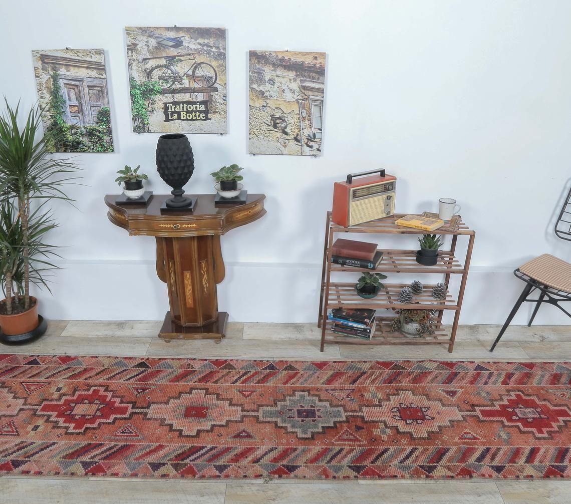 3x13 Light Red Vintage Turkish Oushak Runner, Hand Knotted Wool Carpet, Kitchen Hallway Rug, One Of A Kind, Anatolian, Boho Decor photo for sale