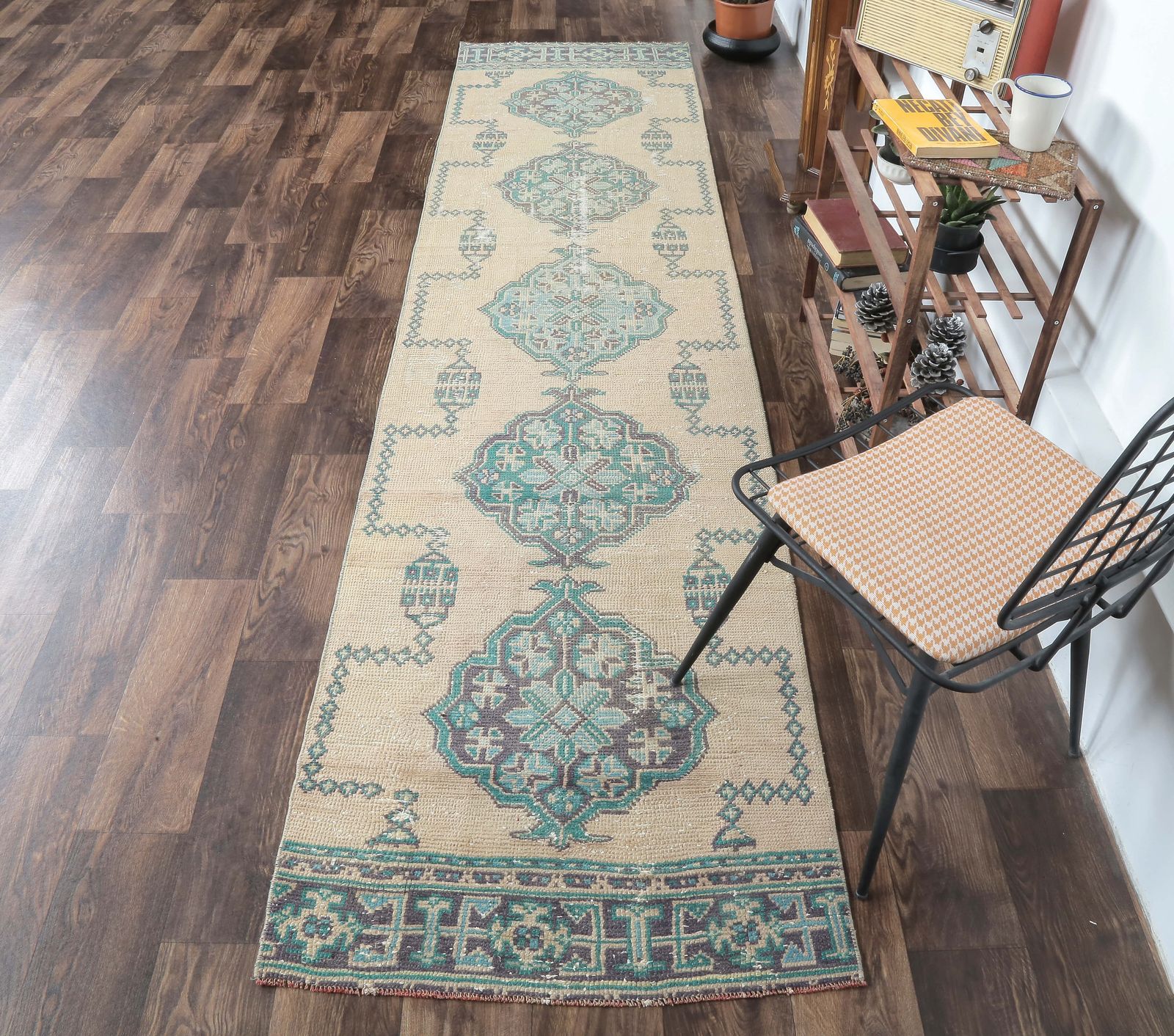 Authentic Vintage Turkish Runner, Oushak Handmade Wool Hallway Rug, Bronze & Green Rustic Farmhouse Decor, One Of A Kind, Anatolia