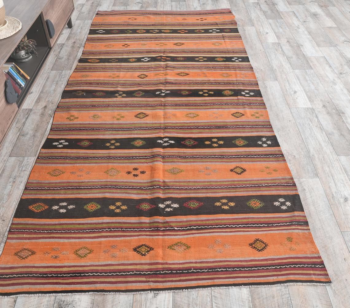 5x10 Vintage Turkish Kilim Area Rug, Orange Oushak Handmade Wool Flatweave Rugs, Farmhouse Decor, One Of A Kind, Bohemian, Made In Sivas
