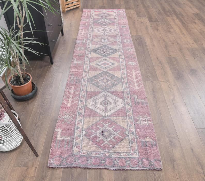 3x11 Purple Turkish Vintage Runner, Oushak Handmade Wool Rug, Tribal Hallway Rugs, Farmhouse Decor, One Of A Kind, Folk Art, Anatolian