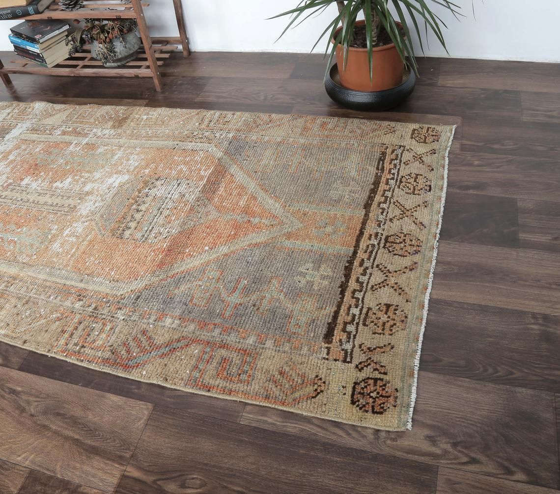 3x9 Primitive Vintage Turkish Runner, Oushak Handmade Wool Hallway Rug, Orange Rustic Farmhouse Decor, One Of A Kind, Anatolia photo Textiles