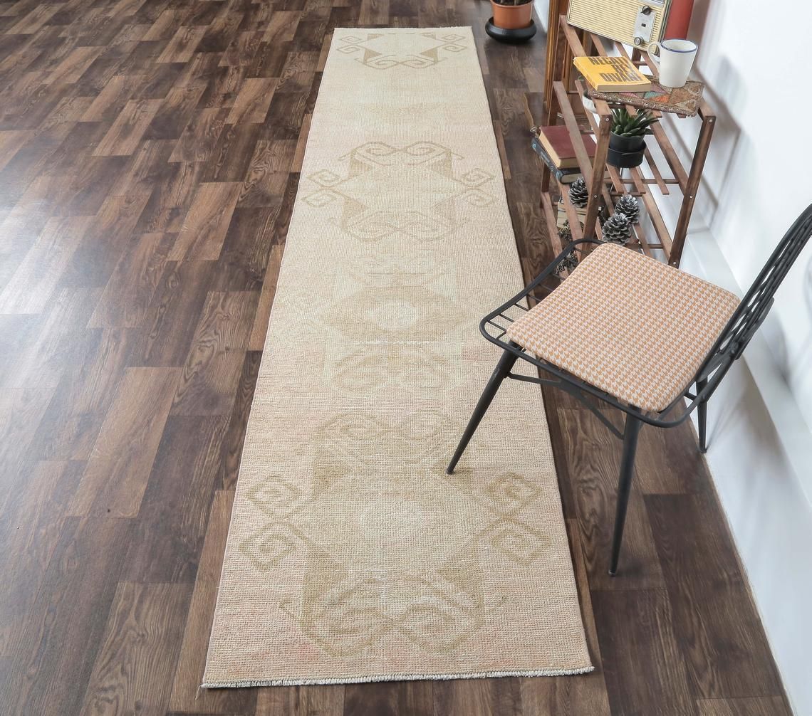 3x12 Faded Orange Vintage Turkish Oushak Runner, Handmade Wool Carpet, Geometric Hallway Rug, Farmhouse Decor One Of A Kind Anatolian