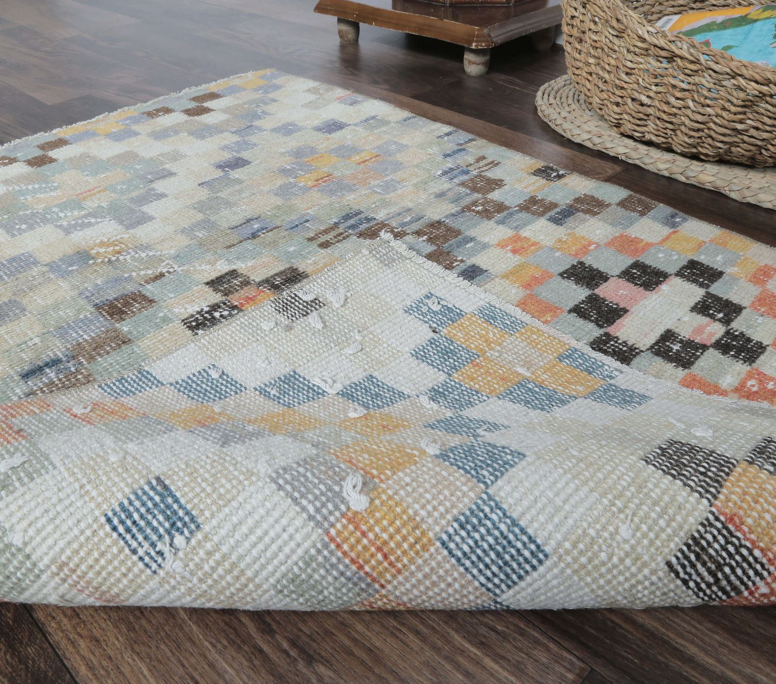 Turkish Rug, Oushak Handmade Wool Check Mini Rug, Retro, Colorful Beige Door Mat Rugs, Farmhouse Decor One Of A Kind Doormat photo vinterior