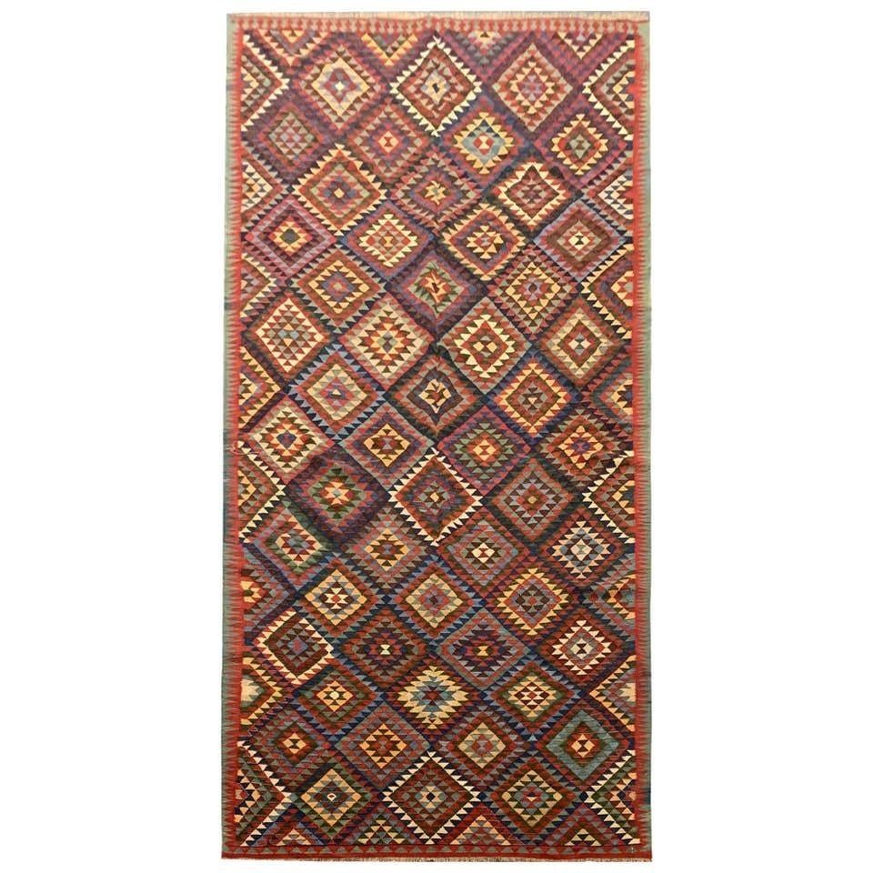 Antique Handmade Caucasian Kilim Rug, Traditional Wool Oriental Rug  153x340cm