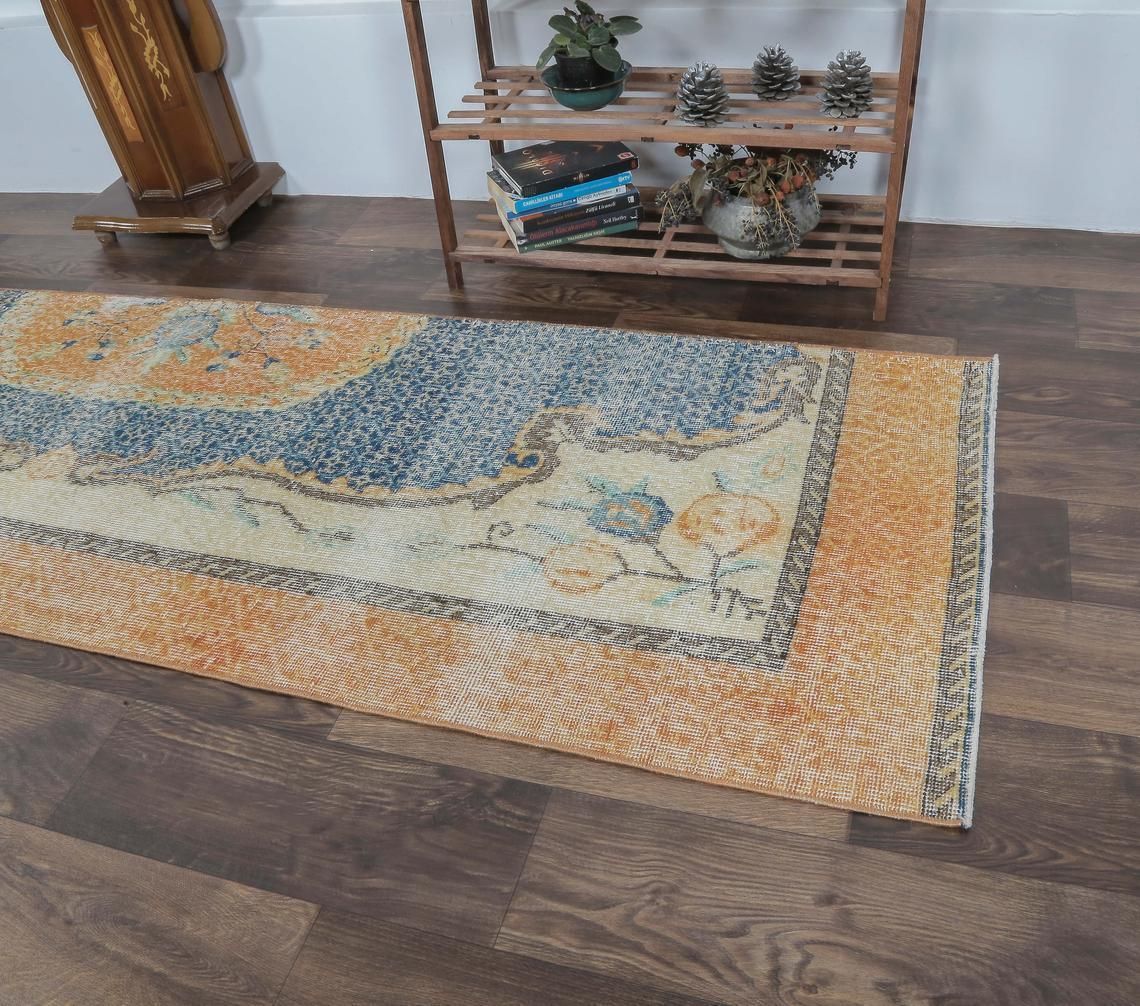 3x8 Half Rug Turkish Vintage Runner, Oushak Handmade Wool Rug, Orange Hallway Rugs, Farmhouse Decor, One Of A Kind, Folk Art, Anatolian photo Textiles