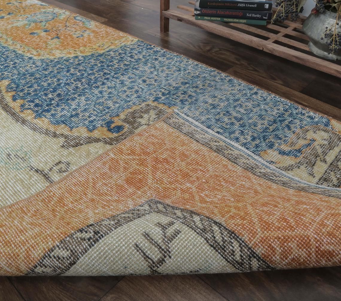 3x8 Half Rug Turkish Vintage Runner, Oushak Handmade Wool Rug, Orange Hallway Rugs, Farmhouse Decor, One Of A Kind, Folk Art, Anatolian photo vinterior