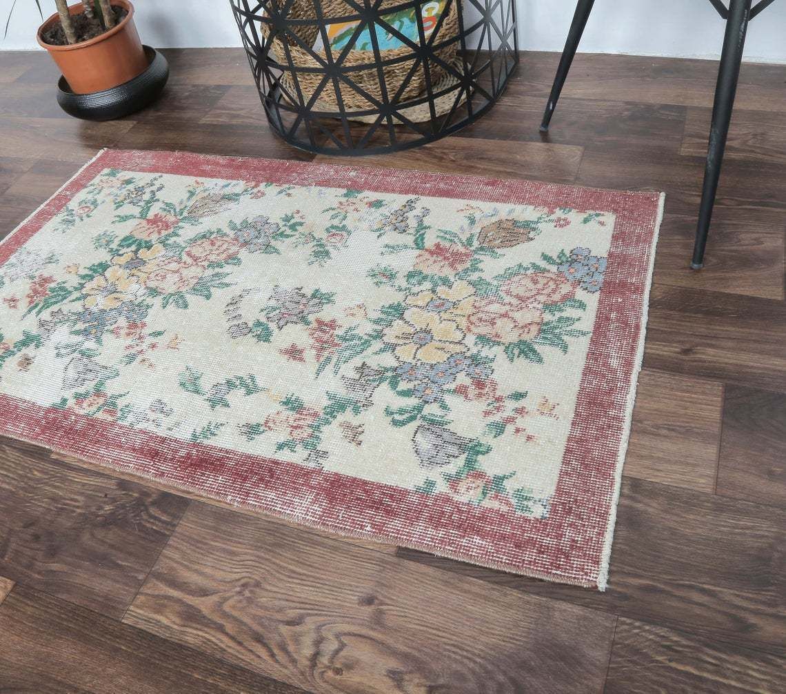 2x4 Turkish Vintage Oushak Runner, Floral Beige Handmade Wool Rug, Hallway & Kitchen Rugs, Farmhouse Decor, One Of A Kind, Anatolia photo Textiles