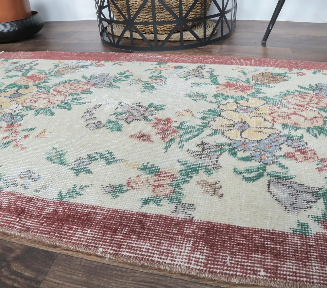 2x4 Turkish Vintage Oushak Runner, Floral Beige Handmade Wool Rug, Hallway & Kitchen Rugs, Farmhouse Decor, One Of A Kind, Anatolia photo 274.0