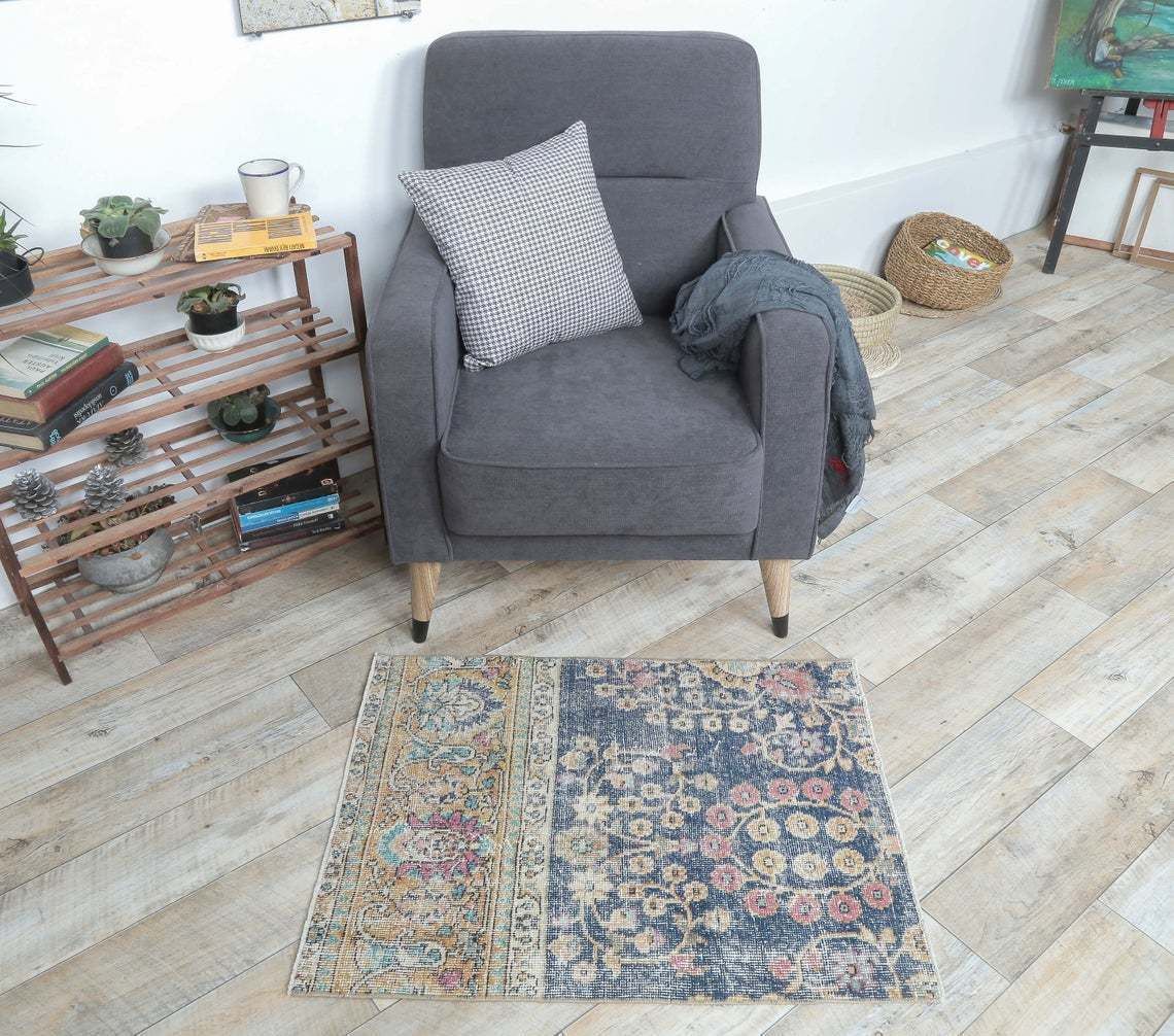 2x3 Turkish Vintage Oushak Rug, Door Mat Small Carpet, Handmade Wool Blue Floral Doormat, Mini Rugs, One Of A Kind, Anatolia photo for sale