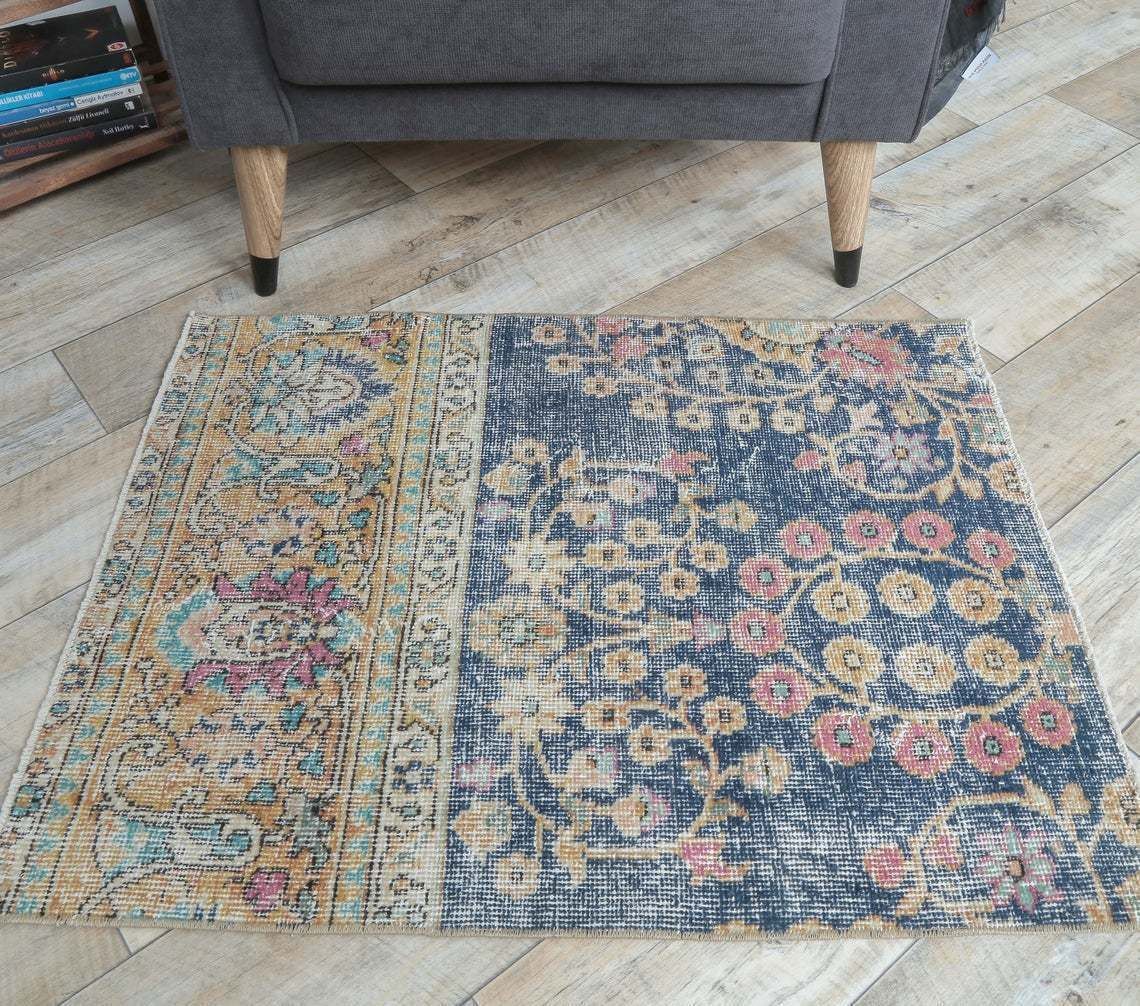 2x3 Turkish Vintage Oushak Rug, Door Mat Small Carpet, Handmade Wool Blue Floral Doormat, Mini Rugs, One Of A Kind, Anatolia
