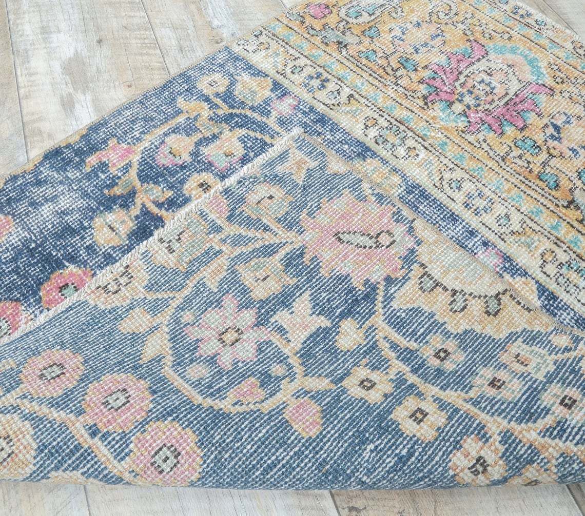 2x3 Turkish Vintage Oushak Rug, Door Mat Small Carpet, Handmade Wool Blue Floral Doormat, Mini Rugs, One Of A Kind, Anatolia photo vinterior