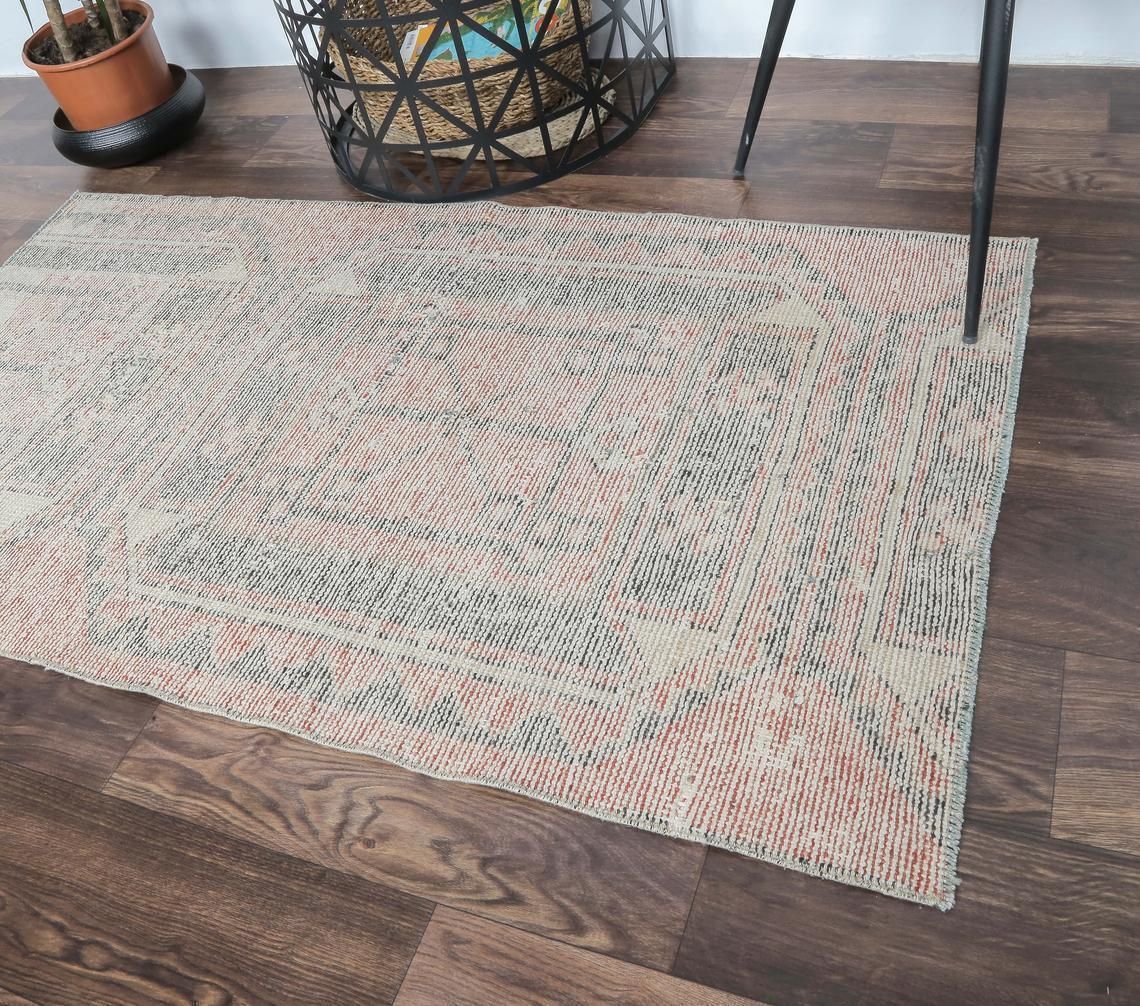 3x5 Vintage Turkish Carpet, Oushak Handmade Wool Rug, Faded Red Small Area Rugs Anatolia Farmhouse Decor One Of A Kind, Low Pile, Ethnic photo Textiles