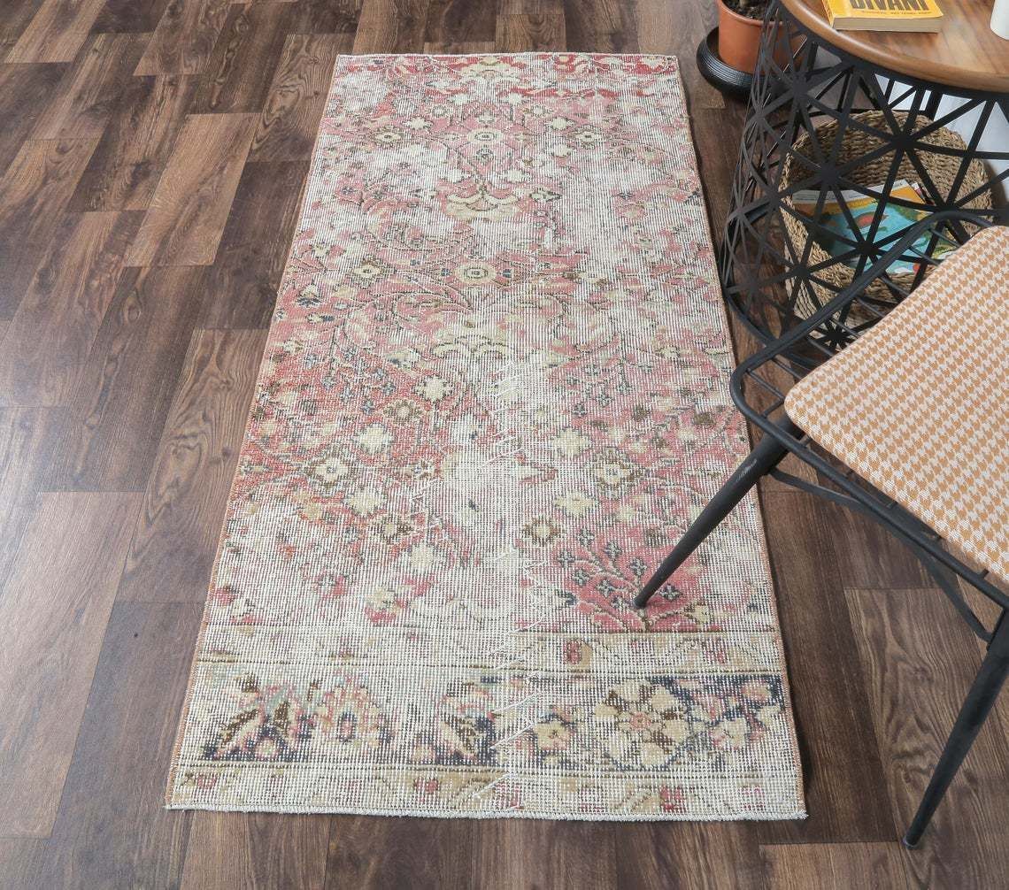 3x6 Turkish Vintage Runner, Oushak Handmade Wool Runner Rug, Red Floral Distressed, Bohemian Hallway Rugs, Farmhouse Decor, One Of A Kind
