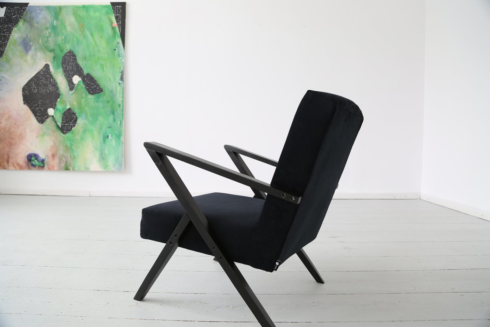 Original Midcentury Polish Armchair From The 60s In Black Velvet And Black Wooden Frame photo furniture
