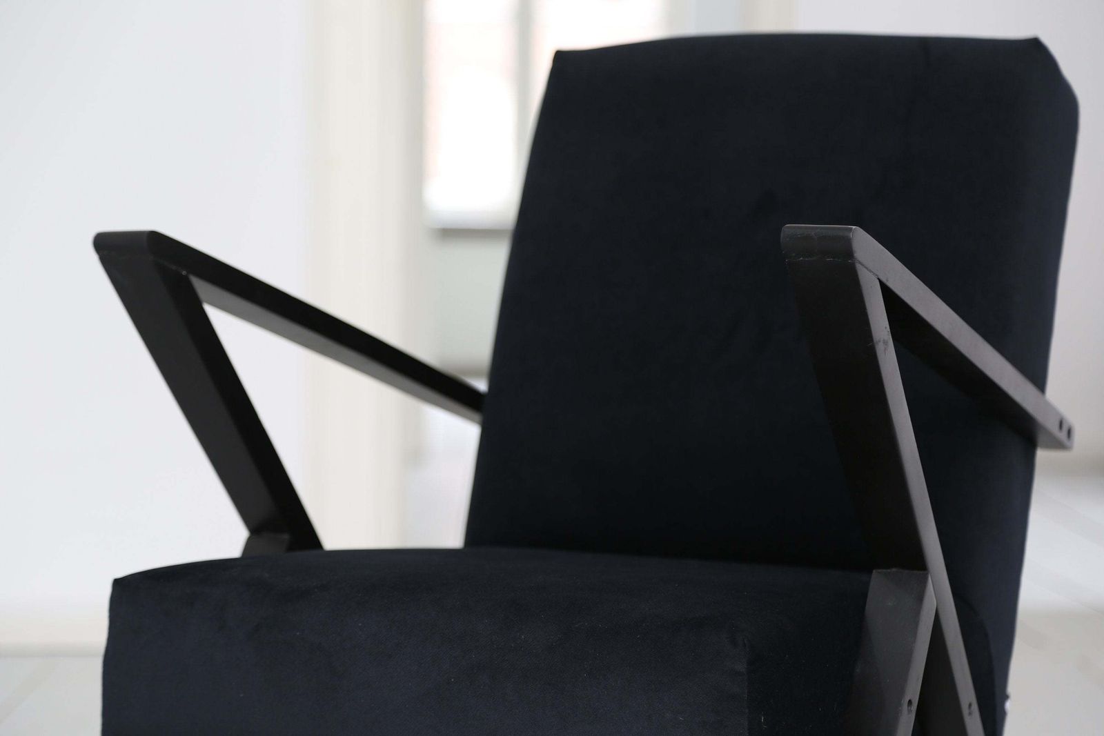 Original Midcentury Polish Armchair From The 60s In Black Velvet And Black Wooden Frame photo vinterior