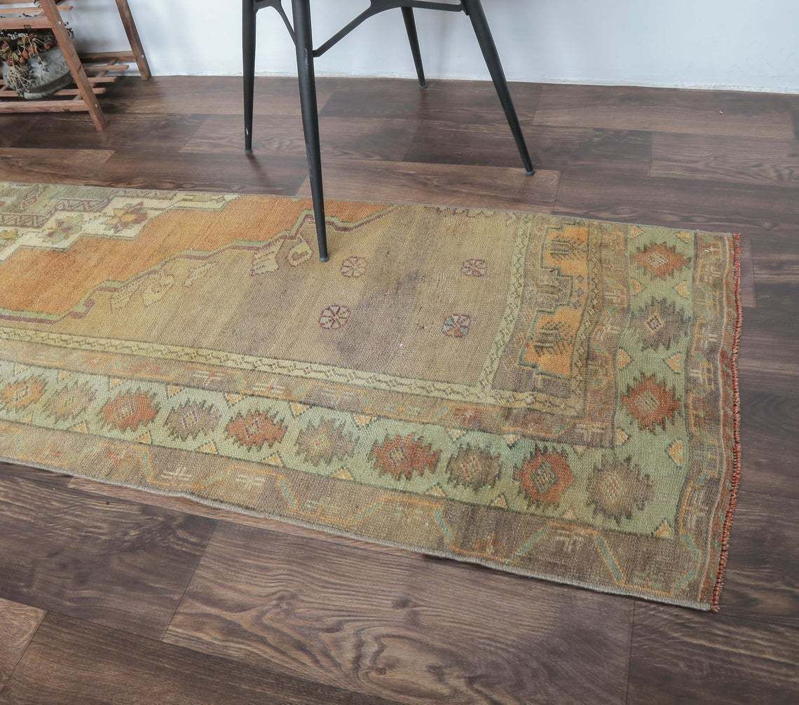 2x11 Half Rug Turkish Vintage Runner, Oushak Handmade Wool Rug, Copper Hallway Rugs, Farmhouse Decor, One Of A Kind, Folk Art, Anatolian photo Textiles