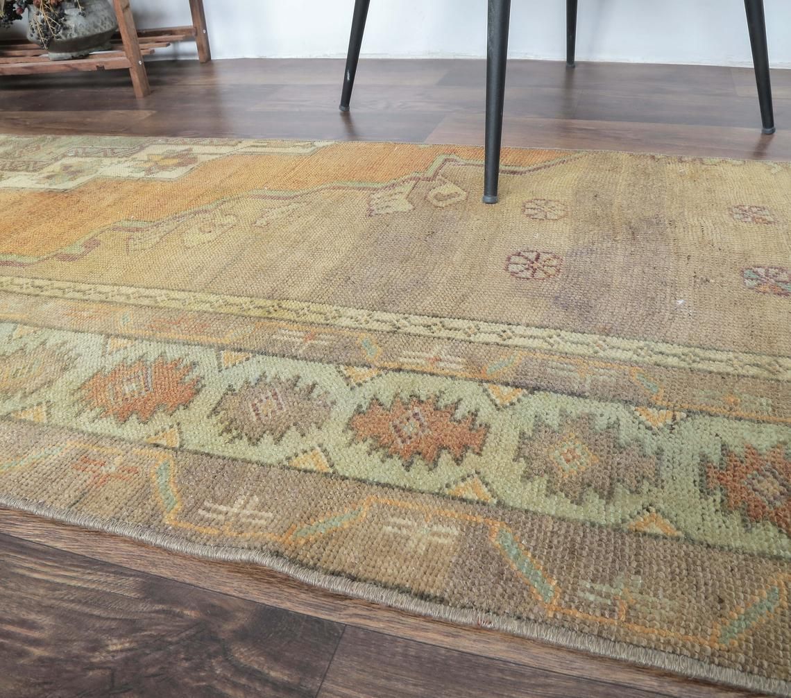 2x11 Half Rug Turkish Vintage Runner, Oushak Handmade Wool Rug, Copper Hallway Rugs, Farmhouse Decor, One Of A Kind, Folk Art, Anatolian photo 297.0