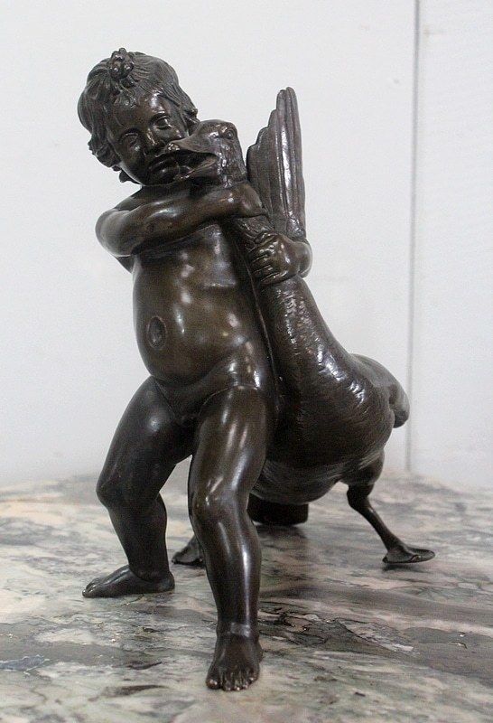Bronze Of A Cherub Holding A Goose, By A. Collas   19th Century