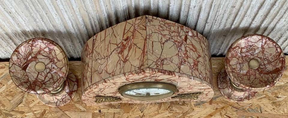 Art Deco Pink Marble Set Of Mantle, Desk Or Chapel Clock With Bronze Details photo Home Decor