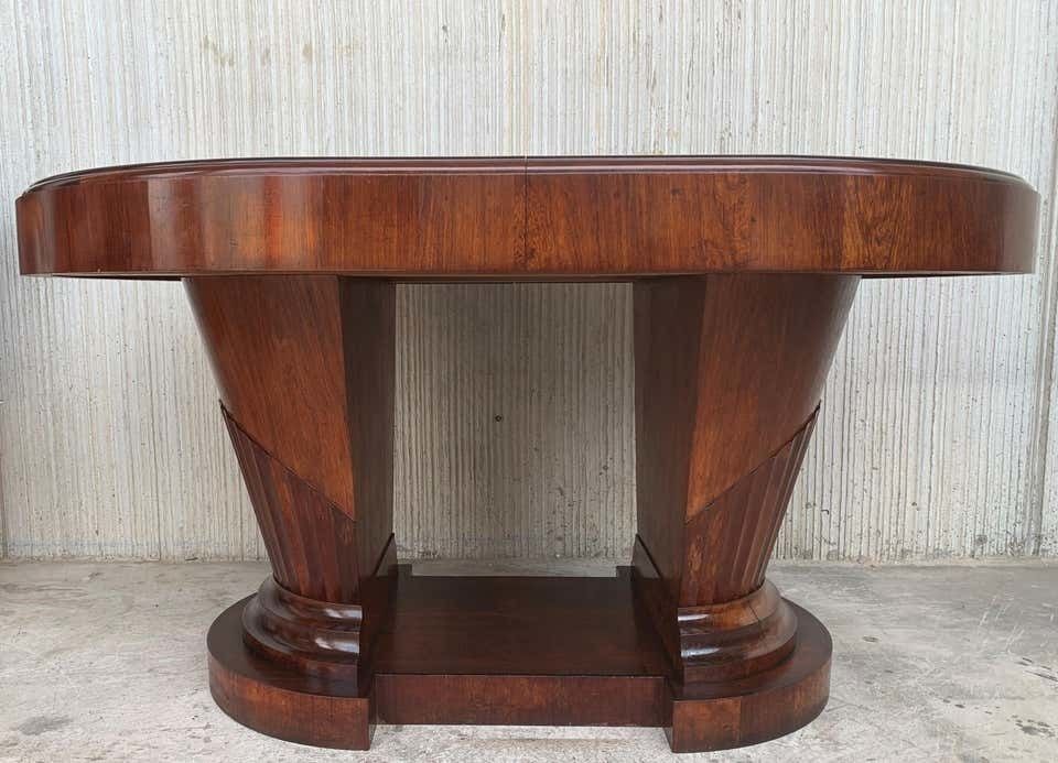 Fine French Art Deco Burl Elm Two Pedestal Oval Table With Six Chairs photo vintage