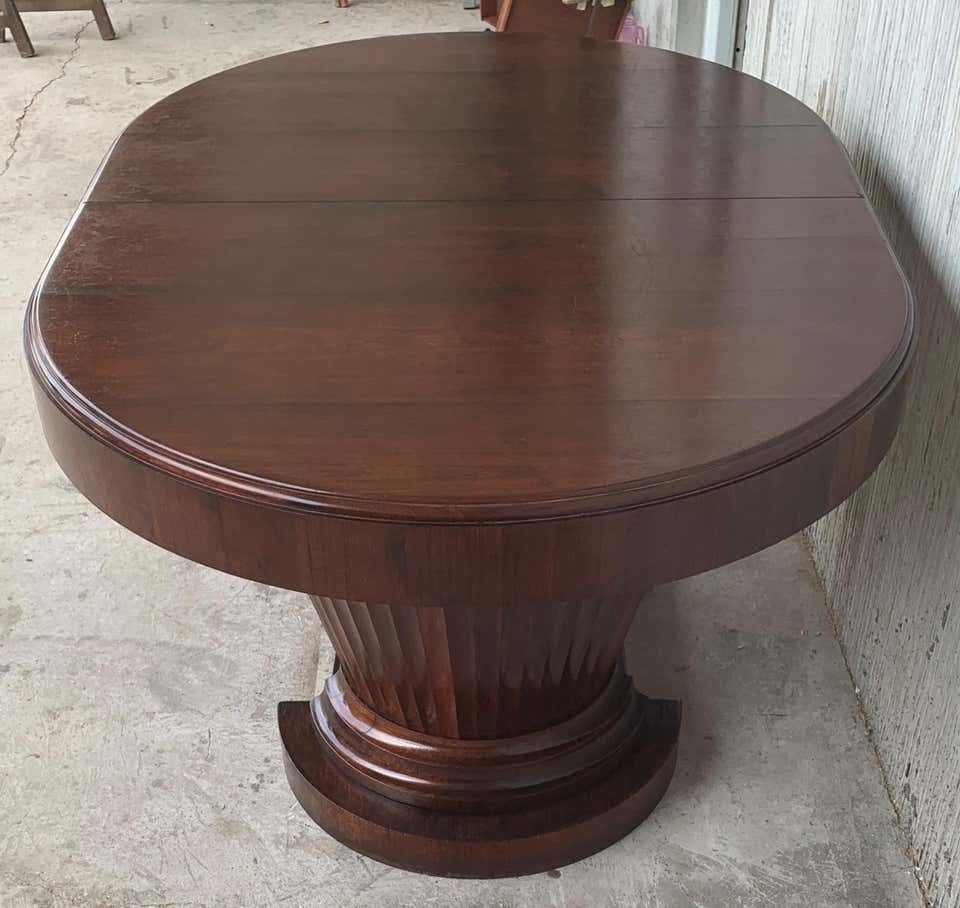 photo for sale Fine French Art Deco Burl Elm Two Pedestal Oval Table With Six Chairs