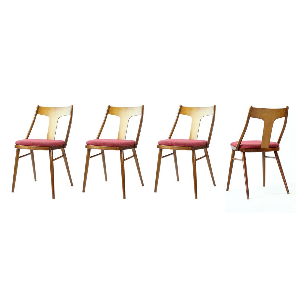 Elegant Dining Chairs In Wood And Pink Upholstery, Czechoslovakia 1960s, Set Of 4
