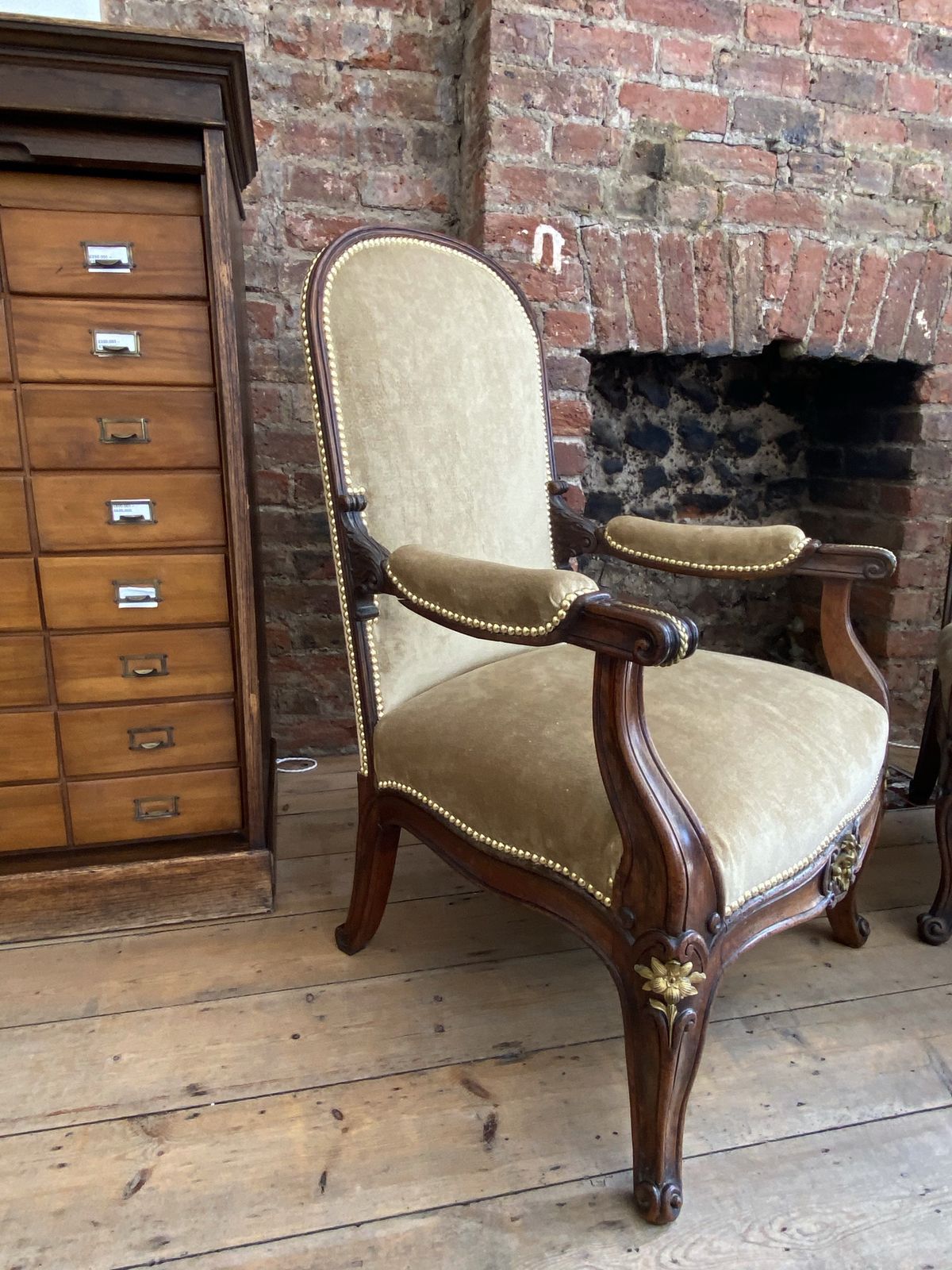 Exceptional Pair Of French Empire Walnut Chairs Arm Chairs With Gilt Ormolu Mounts photo buy