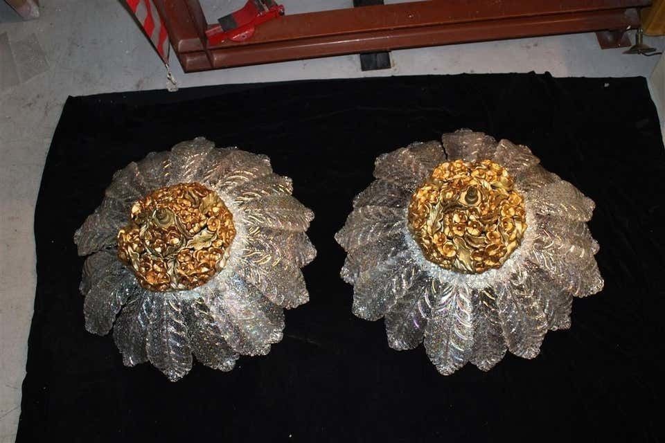 Round Pair Of Chandelier Murano Gold Ceramic Italian Design 1960s Flowers Leaves photo for sale