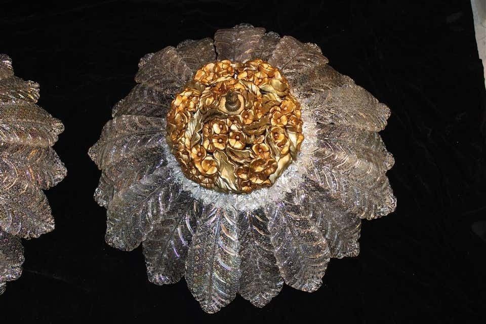 Round Pair Of Chandelier Murano Gold Ceramic Italian Design 1960s Flowers Leaves photo Lighting