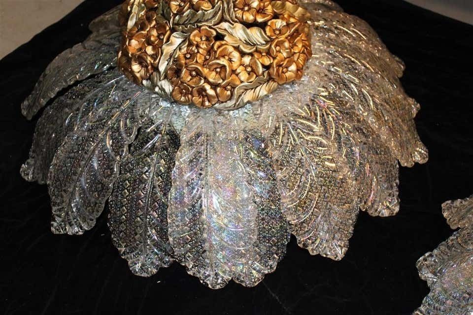 Round Pair Of Chandelier Murano Gold Ceramic Italian Design 1960s Flowers Leaves photo vintage