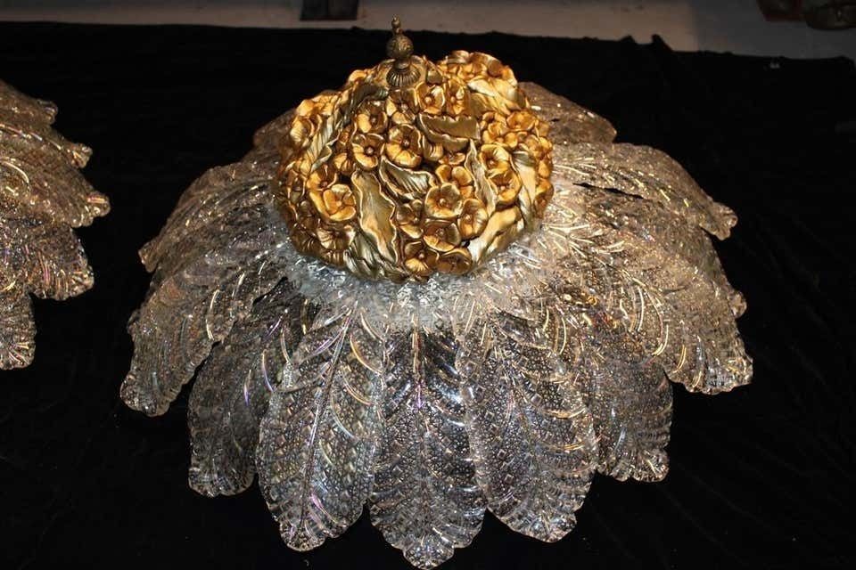 Lighting Round Pair Of Chandelier Murano Gold Ceramic Italian Design 1960s Flowers Leaves photo