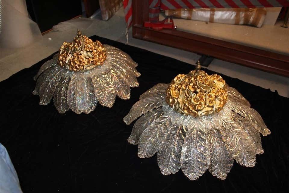 6008.0 Round Pair Of Chandelier Murano Gold Ceramic Italian Design 1960s Flowers Leaves photo